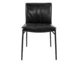 Front view of a single black Mayer Genuine Leather Dining Chair highlighting the padded seat and vertical stitching