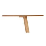 Side profile of dining table emphasizing thin tabletop and leg attachment