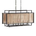 Rectangular chandelier showing full side angle with layered rattan and black metal frame structure