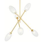 Six-light chandelier with aged brass arms and frosted oval glass shades in a modern design