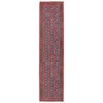 Long narrow rug with dark red, blue and coral lattice pattern and distressed vintage look