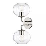 Margot 2 Light Wall Sconce with two clear glass globe shades and brushed nickel finish, modern two-arm vertical design