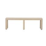 Front view of long oak Parsons-style coffee table showing three sturdy rectangular legs and smooth tabletop