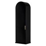 Three-quarter angle showing curved top and brass door handle on matte black hutch.