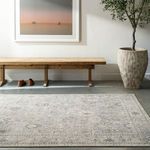 Davina rug shown in a minimal room setting with wooden bench, large plant, and wall art
