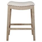 Harper Cream Counter Stool with bisque French linen saddle seat, black nail tack trim, and natural stone washed oak legs