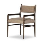 Morena Brown Wooden Dining Armchair with solid oak frame, rounded dowel legs, and beige performance fabric sling-back and ...