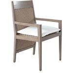 Three-quarter angle of Savannah Arm Chair with white cushion showing light wood frame and woven raffia panels