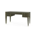 Morris Desk with deep olive grasscloth, lacquer finish, champagne-gilded ribbon border, and satin bronze pulls