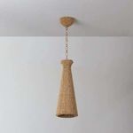 Tallman Pendant hanging from ceiling mount against white wall, showing top and chain
