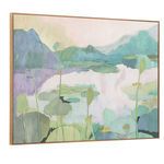 Side angle view of Saison painting showing frame thickness and blended pastel landscape with lilypads