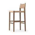 Three quarter rear view of Hamlin Stool showing woven backrest and seat with oak frame