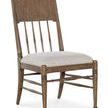 Americana Upholstered Seat Side Chair with spindle back, carved accents, oak veneer frame, and light fabric seat