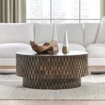 Norwood coffee table styled in a living room with white sectional and decorative items on top