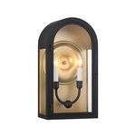 Three-quarter angled view of matte black arched outdoor lantern showing depth and side glass panel