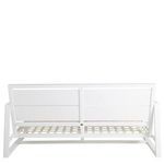 Rear angle of white aluminum loveseat frame with slatted seat, no cushions