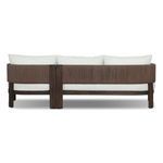 Back view of sectional showing linear woven cording covering entire rear with dark wood legs