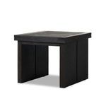 Front view of dark brown Warby End Table with square wood top and solid panel legs