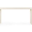 Front view of white raffia covered console table showing thickness of tabletop and leg symmetry