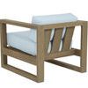 View of chair’s back showing vertical teak slats and cushion support in warm grey finish