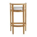 Back view showing curved top rail and square legs of teak bar stool