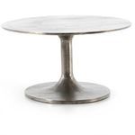 Studio shot displaying smooth elliptical tabletop with brushed uneven nickel finish