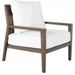 Savannah Aluminum Oak/Raffia Lounge chair with tapered legs, extended back, white cushions, and woven chevron-patterned wi...