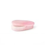 Pink alabaster oval box with lid slightly open revealing interior and thickness of the stone