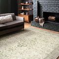 Rosette Ivory / Silver Rug in a living room with gray couch and black brick fireplace