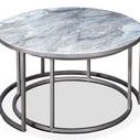 Close-up showing detailed iron frame construction and marble texture on larger table