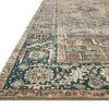 Close-up corner view of Margot Terracotta Lagoon Rug showing low pile and detailed ornamental pattern in blue and terracotta