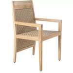 Teak armchair without seat cushion showing woven resin wicker seat and back
