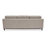 Back view of the sofa showing smooth fabric surface and wooden legs