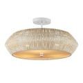 White semi-flush mount ceiling light with natural bleached rattan shade and wrought iron frame
