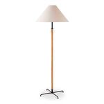 Oswin Floor Lamp with sleek metal base, warm oak wood pole, and off-white angled linen shade