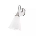 Mara 1 Light Wall Sconce with polished chrome finish and white fabric conical shade mounted on round wall plate