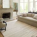 Rug placed in a sunny sitting area next to fireplace and light-colored sofas
