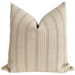 Square pillow cover with tan and white vertical chai stripe pattern, soft woven texture, plush fill