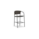 Zola Outdoor Bar Stool angled to show curved arms and woven textures