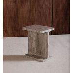 Tullia Accent Table in taupe marble placed on cream carpet near warm wood textured wall