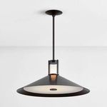 Ceiling view of Clermont Pendant illuminated to show alabaster diffuser and clerestory light effect