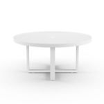 Round outdoor dining table with slatted top and sled base in powder-coated aluminum with Frost finish