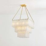 Three-tiered Art Deco chandelier with cascading translucent alabaster panels and aged brass chain suspension