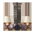 Side view of black two-arm chandelier fixture with two cream tapered shades
