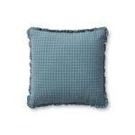 Square ocean blue throw pillow with a subtle gridded pattern and short ruffled edges