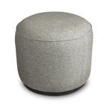 Angled top-front view revealing gentle curve and low-profile dark base of ottoman