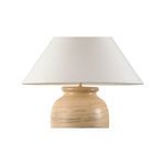 Close-up on upper beige clay base and white fabric lampshade showing texture and gold lamp fitting
