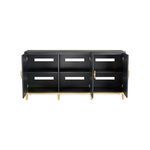 Open doors reveal two interior shelves in navy blue media console