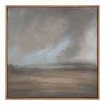Serene painting with muted sky and rural landscape, framed in warm brown stained pine wood