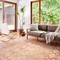 Rug styled in a bright living room with sofa, chair, and plants, showing room context and scale